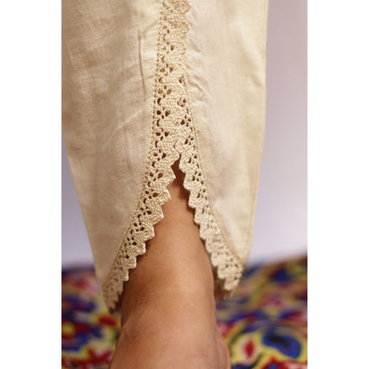 Beige cotton tulip pant with elasticated waist, second view