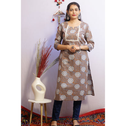 Brown Grey Embroidered Kurti
