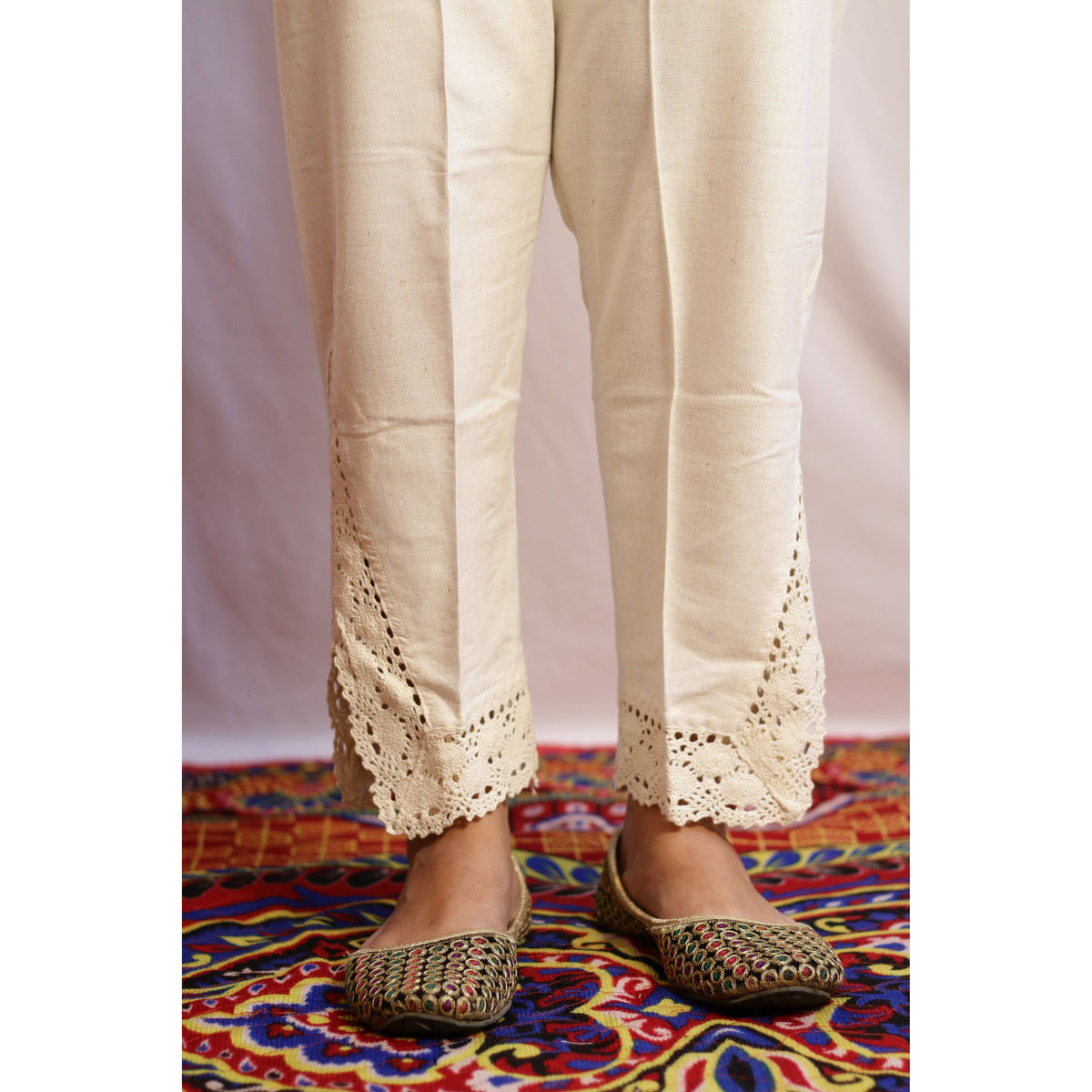 Beige V-cut Lace Work Pant