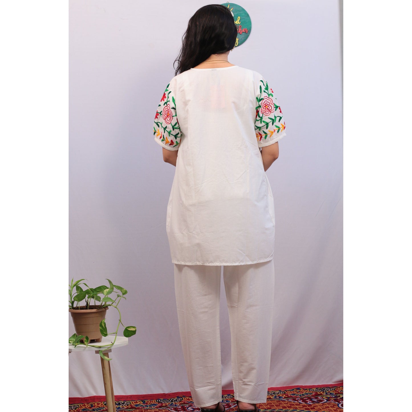 White and Multicolor embroidered Cord set