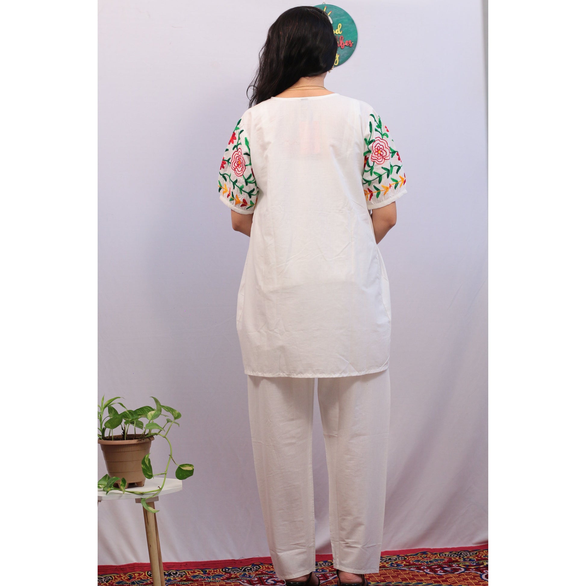 White and Multicolor embroidered Cord set