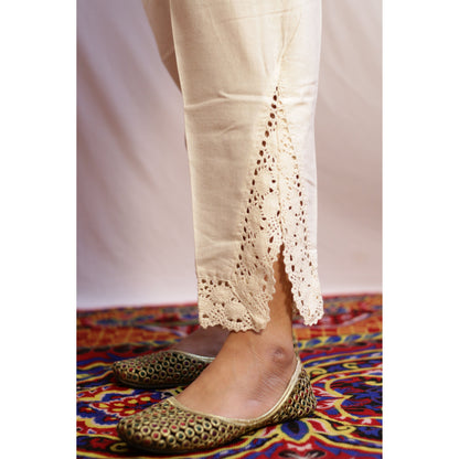 Beige V-cut Lace Work Pant