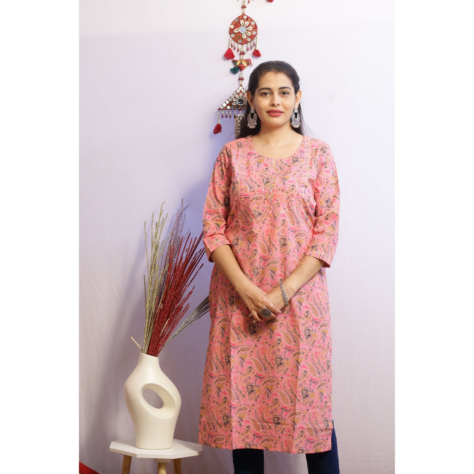 Pink Floral Embroidered Kurti 
