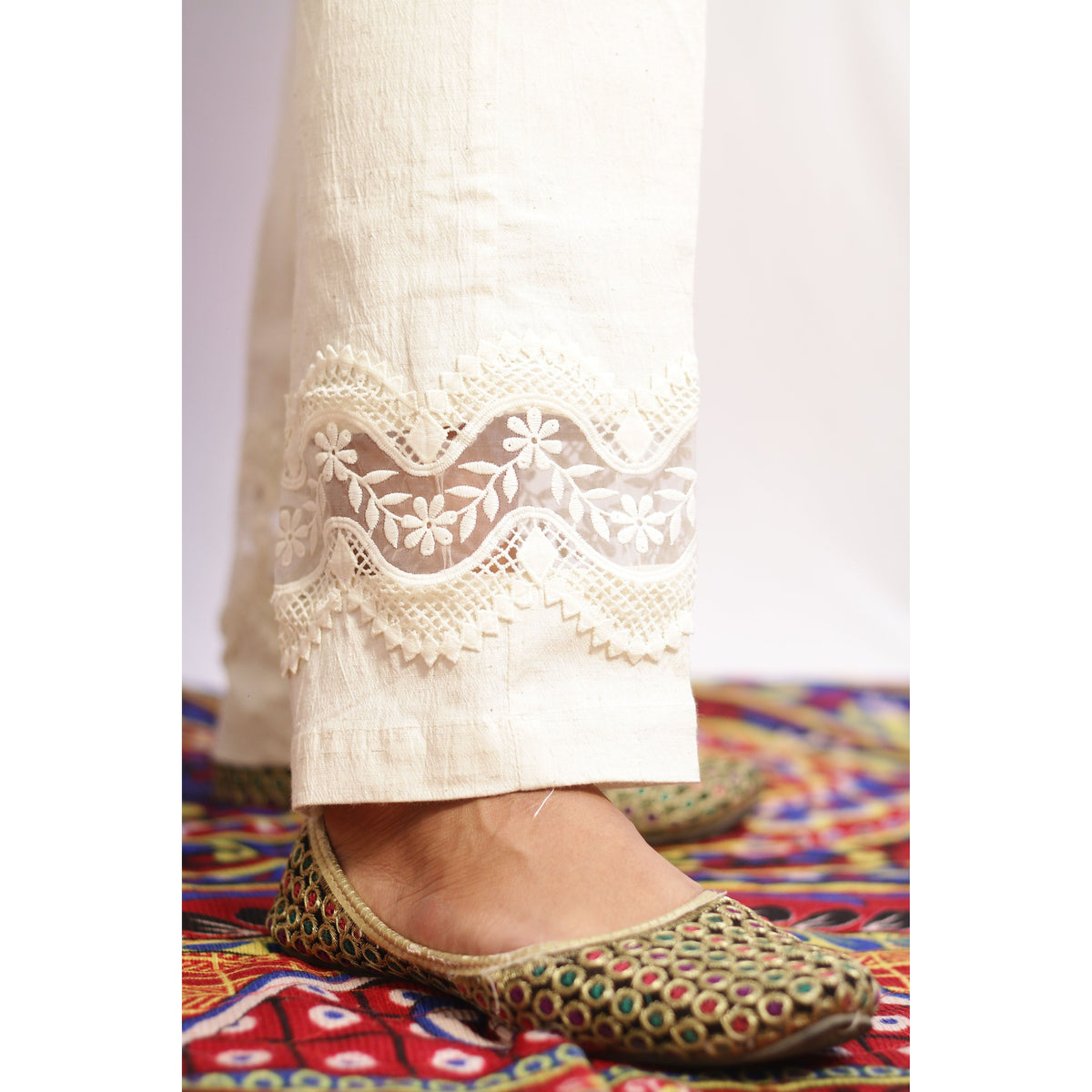 Embroidered Beige Lace Pant