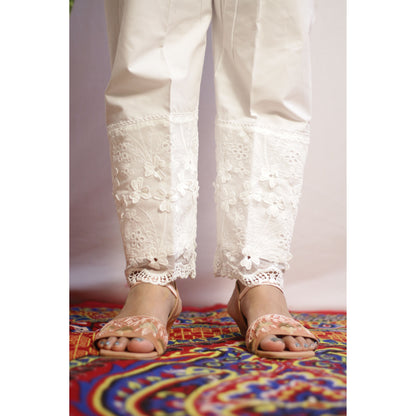 White Flower Embroidered Pant
