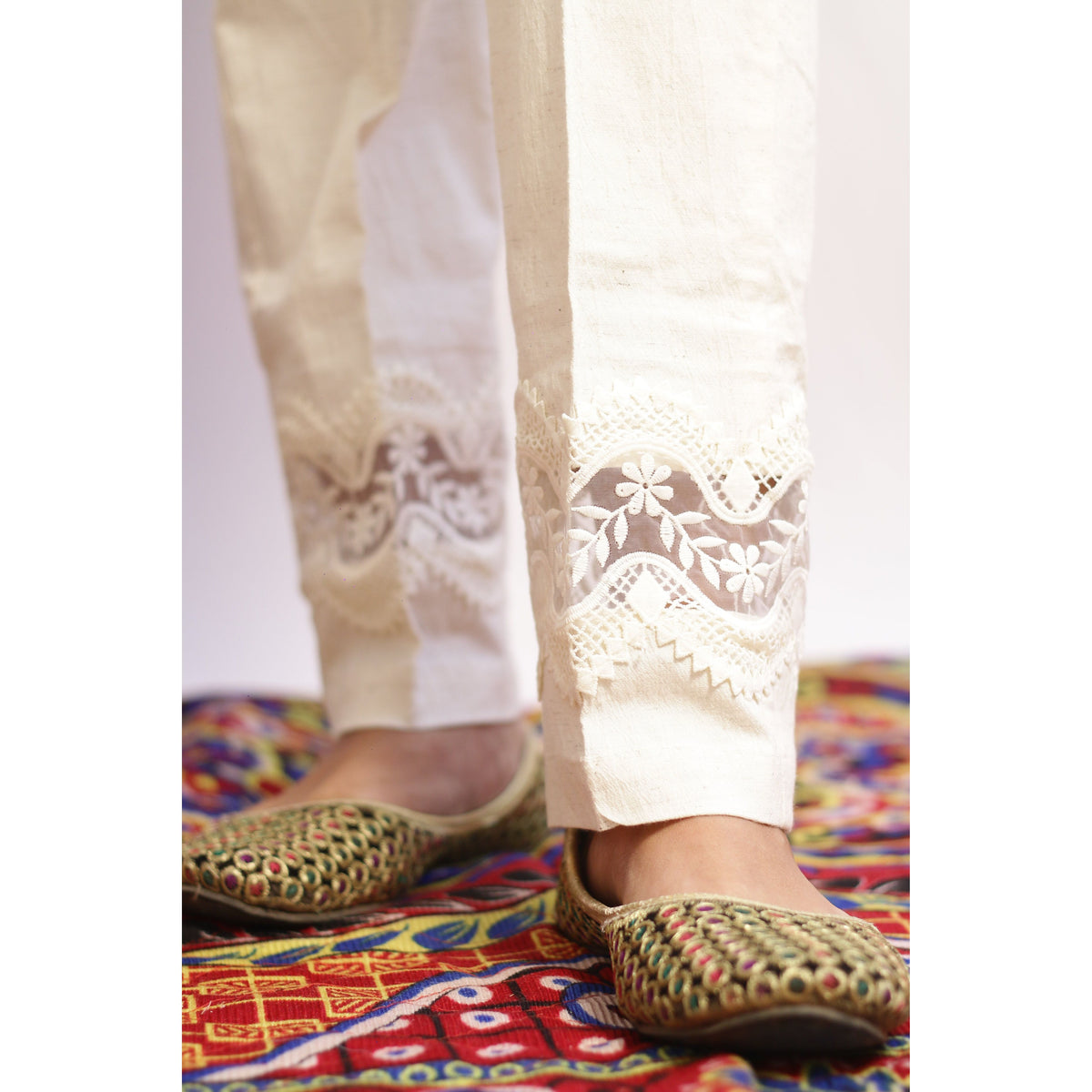 Embroidered Beige Lace Pant