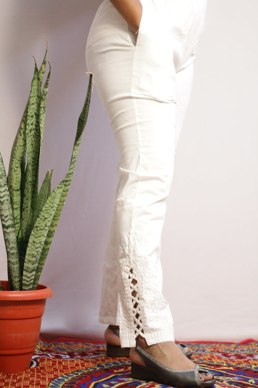 White Side Cut Embroidered Pant