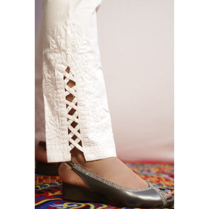 White Side Cut Embroidered Pant
