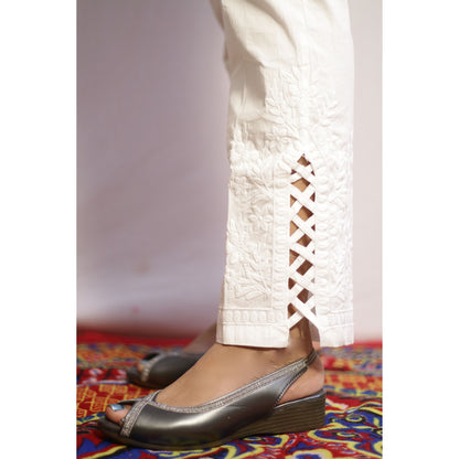 White Side Cut Embroidered Pant