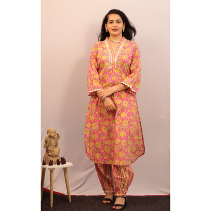 Suhana Pink Yellow Embroidered Co-ord Set