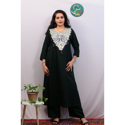 Harita Bottle Green Embroidered Kurti Pant Set