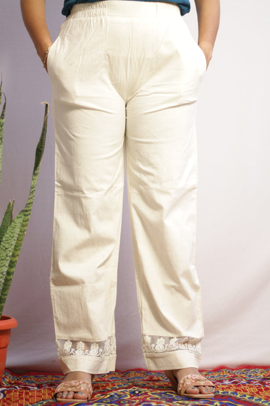 Beige Two Pocket Embroidered Pant