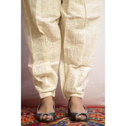 Beige All Over Embroidered Afghani Pant