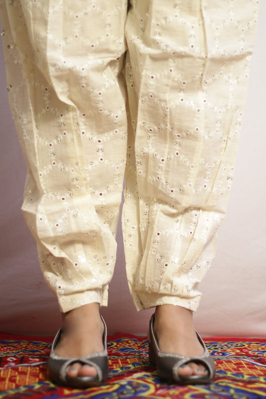 Beige All Over Embroidered Afghani Pant