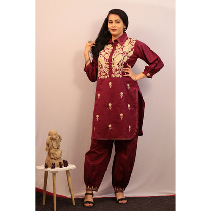 Harvi Wine Embroidered Co-ord Set