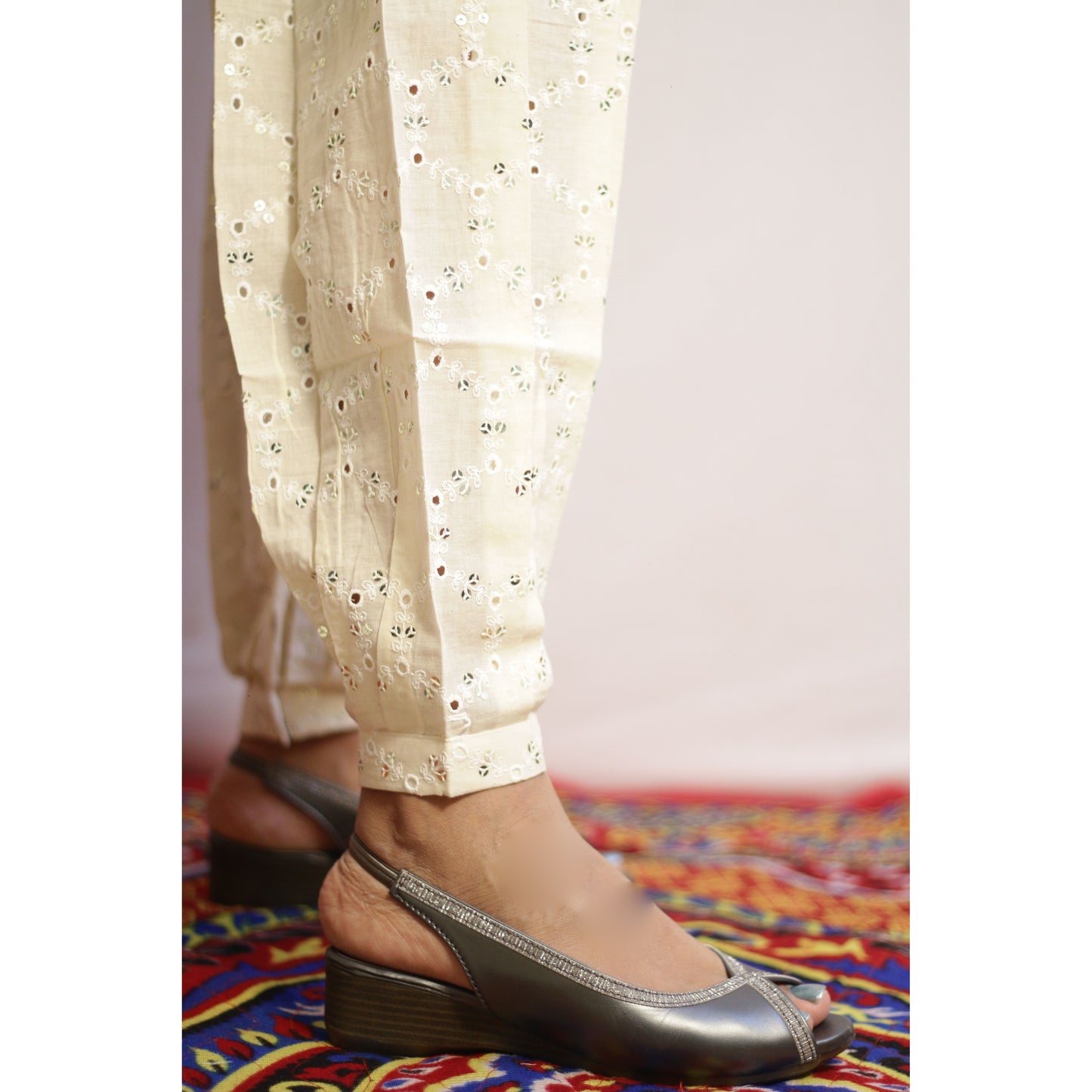 Beige All Over Embroidered Afghani Pant