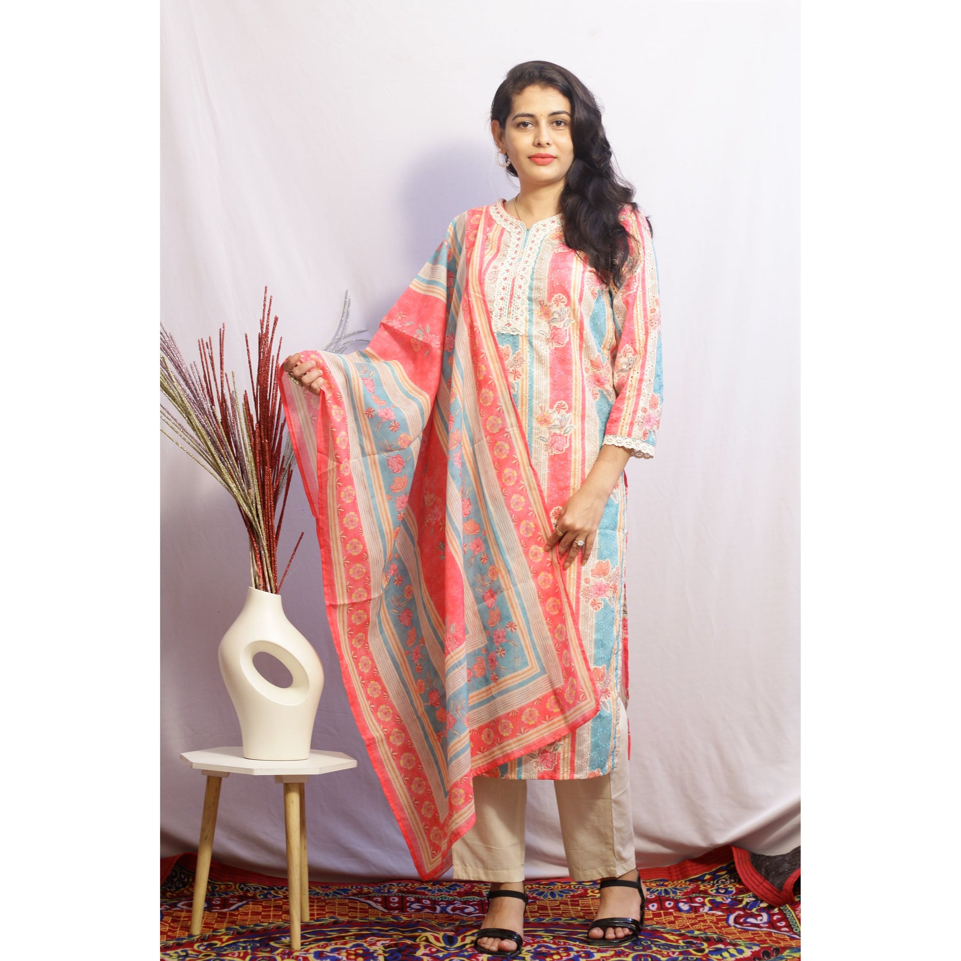 Beige Pink & Blue Suit Set