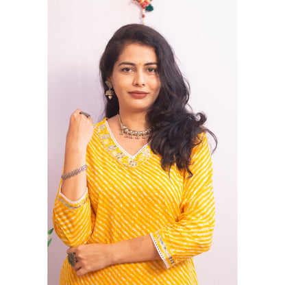 Lehriya Yellow Embroidered Kurti Pant Set
