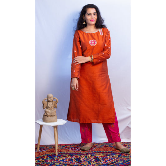 Orange Embroidered Kurti