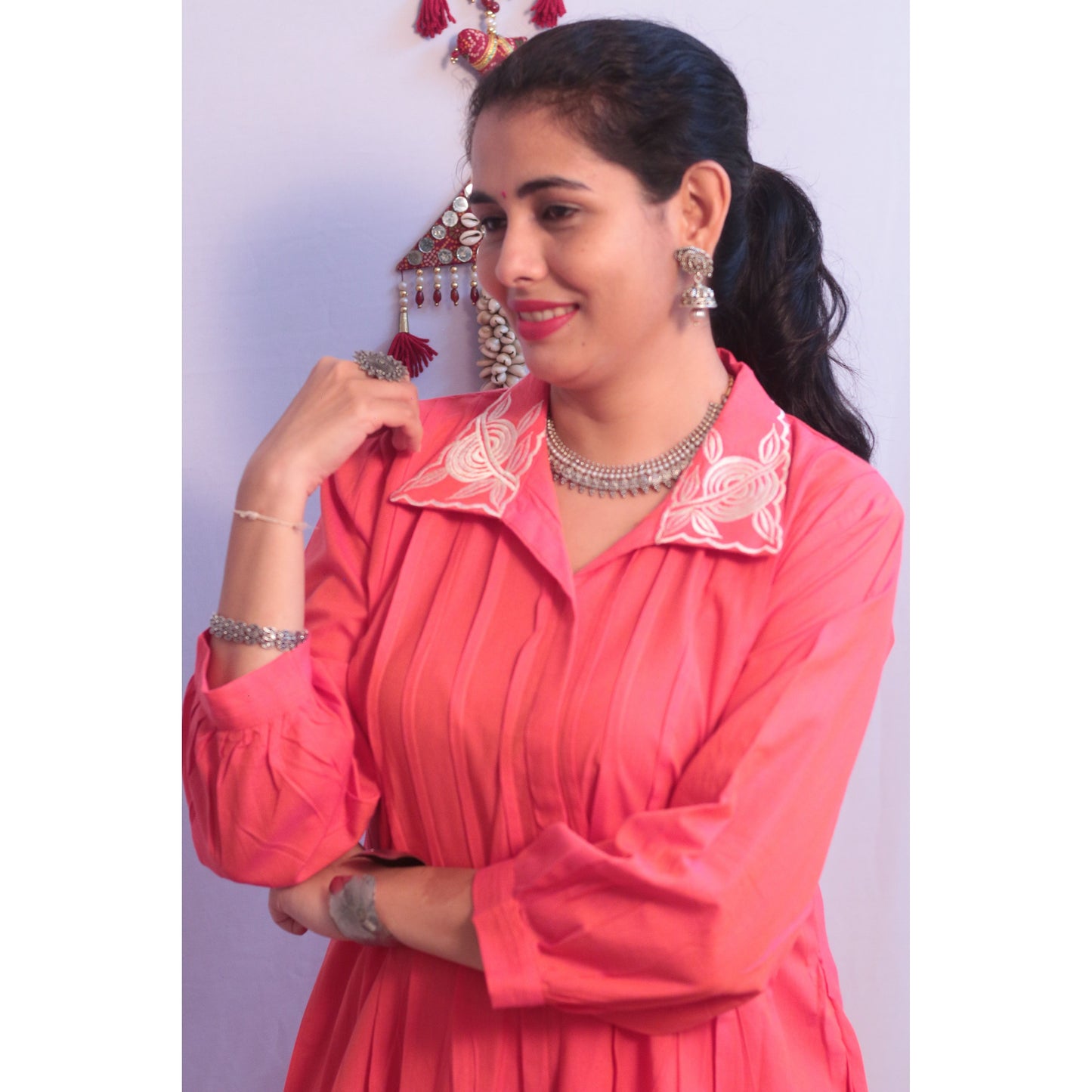 Embroidered Coral Pink Cord Set 