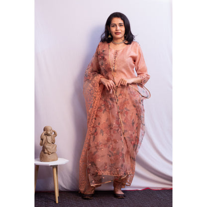 Peach Embroidered Tussar Silk Suit Set