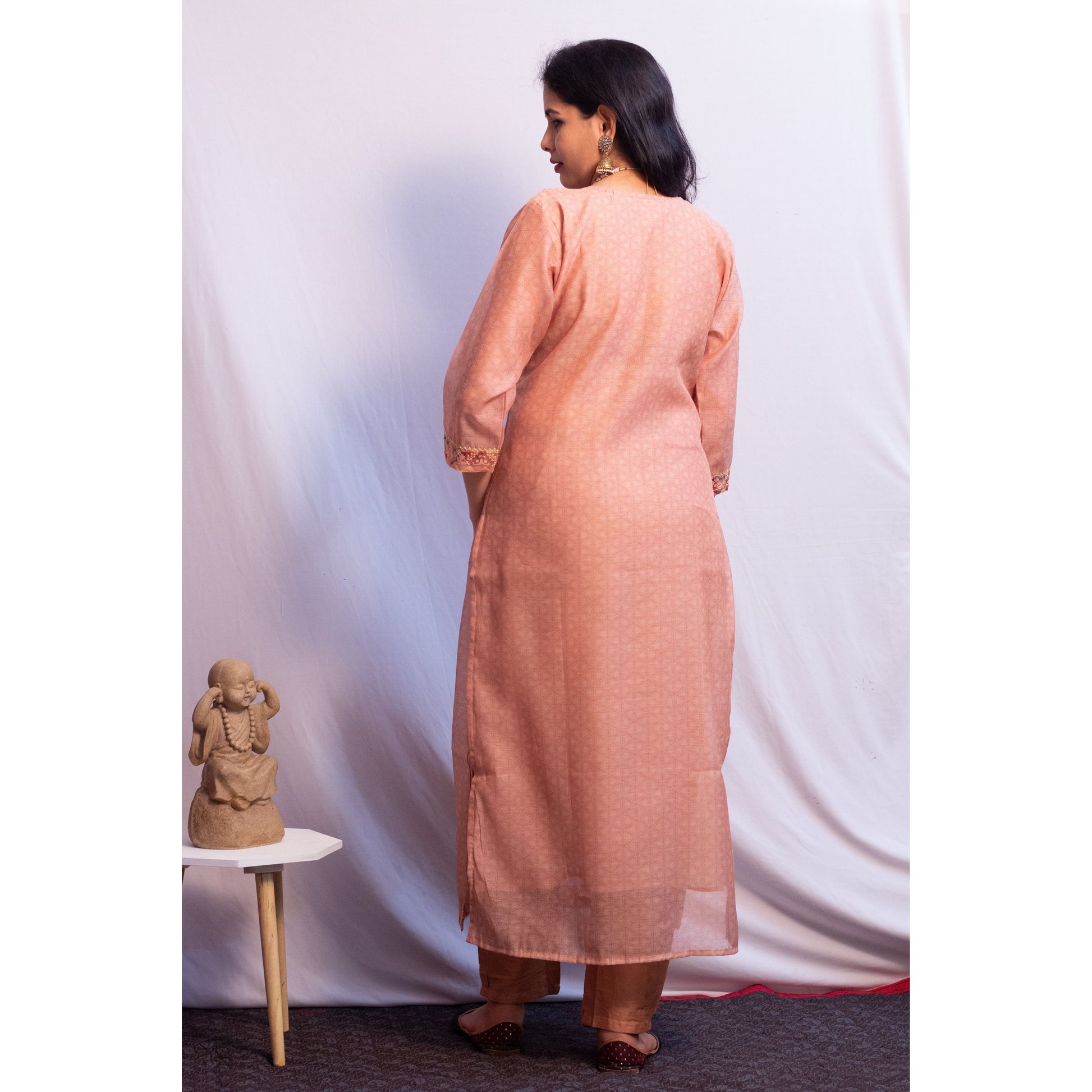 Peach Embroidered Tussar Silk Suit Set