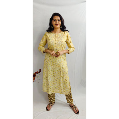 Ira Yellow Embroidered Kurti Pant Set