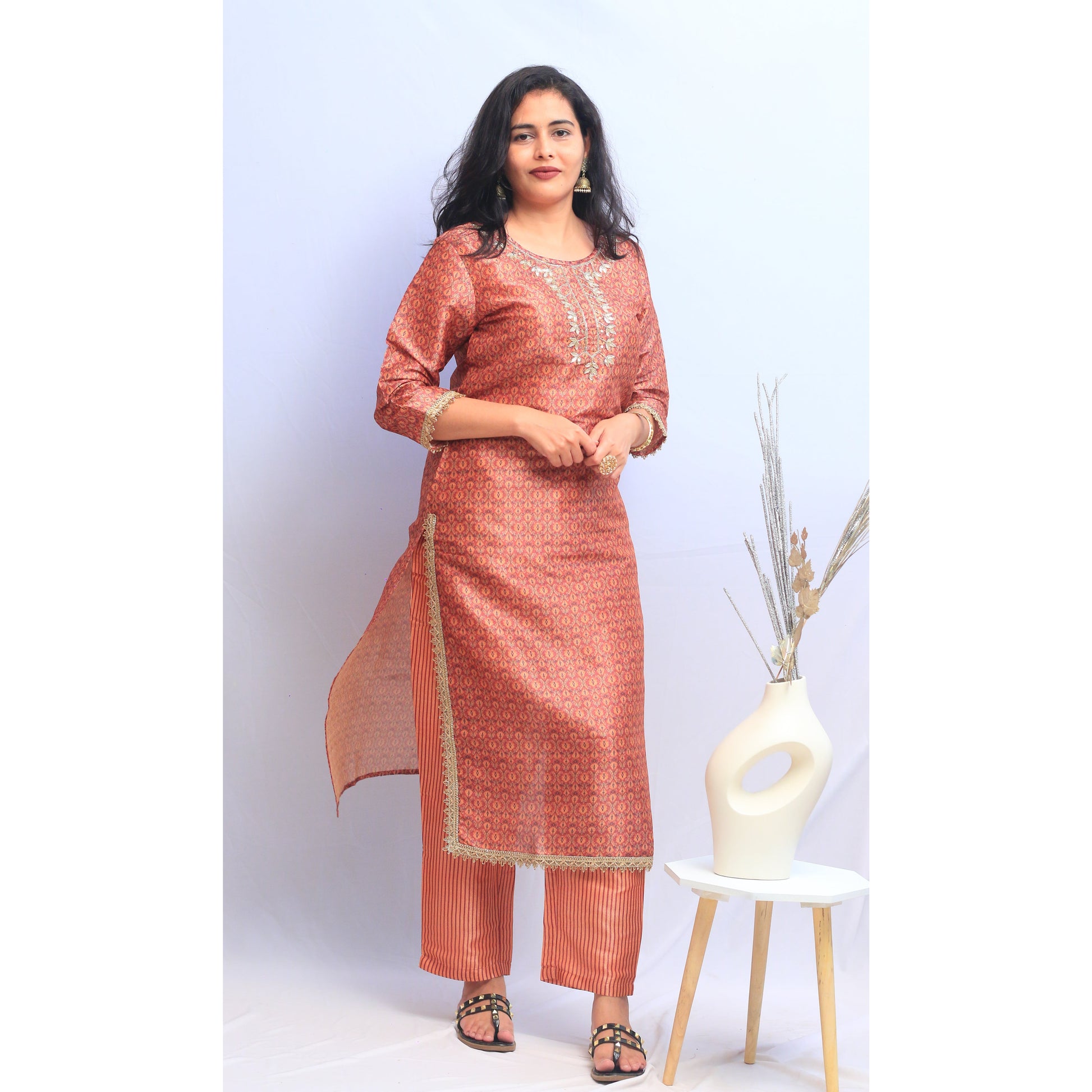 Coral Pink Embroidered Kurti Pant Set