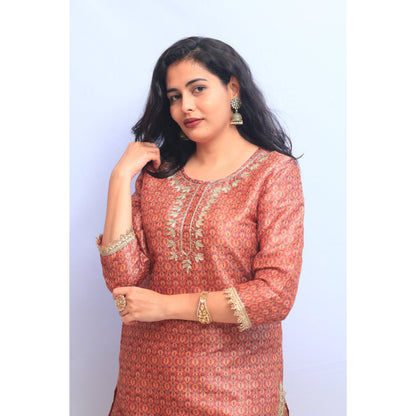 Coral Pink Embroidered Kurti Pant Set