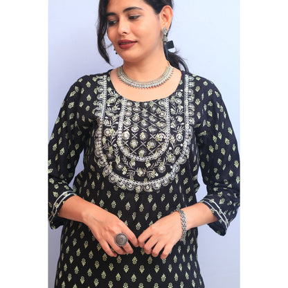 Black and White Embroidered Kurti Pant