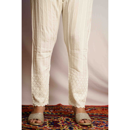 Beige All over Embroidered Pant