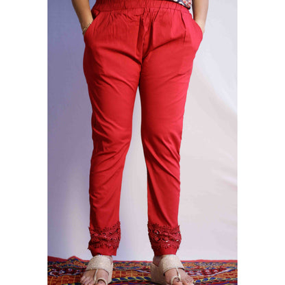 Maroon Embroidered & Lace Work Pant