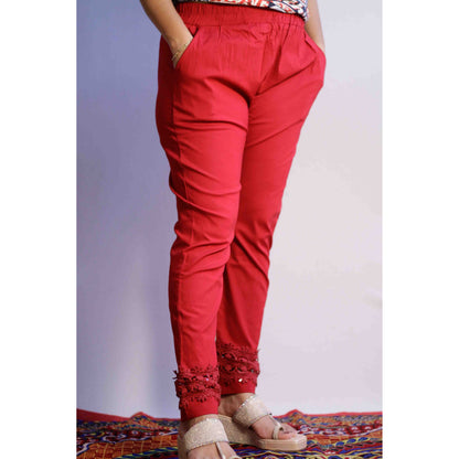 Maroon Embroidered & Lace Work Pant