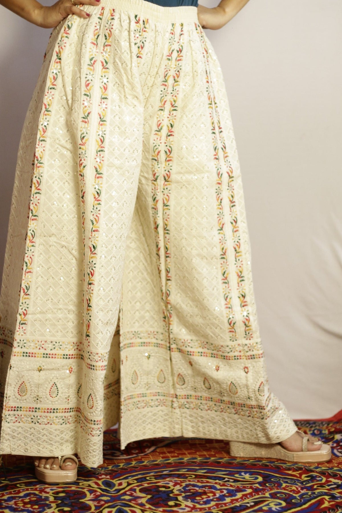Beige embroidered wide leg palazzo in cotton, front view with all-over white thread embroidery