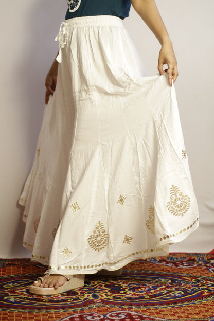 White rayon palazzo with gold gotta patti paisley motifs across the lower half