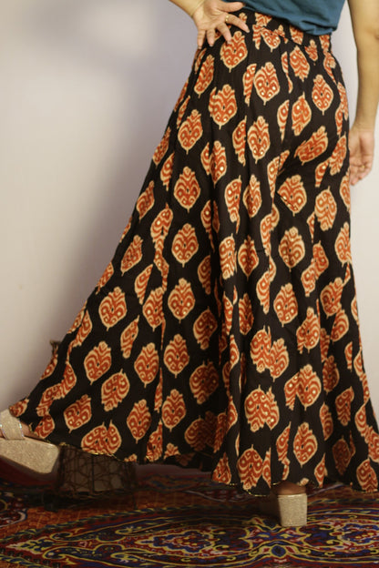 Back view of the black kali palazzo showing the drawstring gathered waist