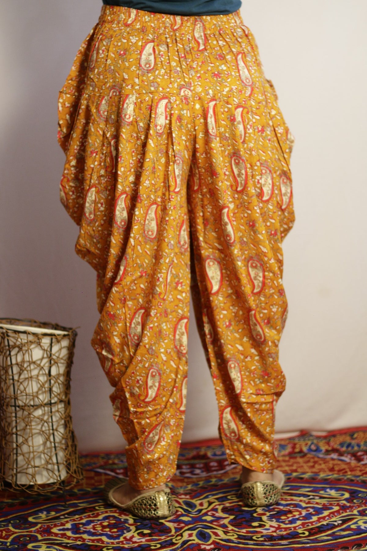 Back view of the mustard printed dhoti with elasticated gathered waist