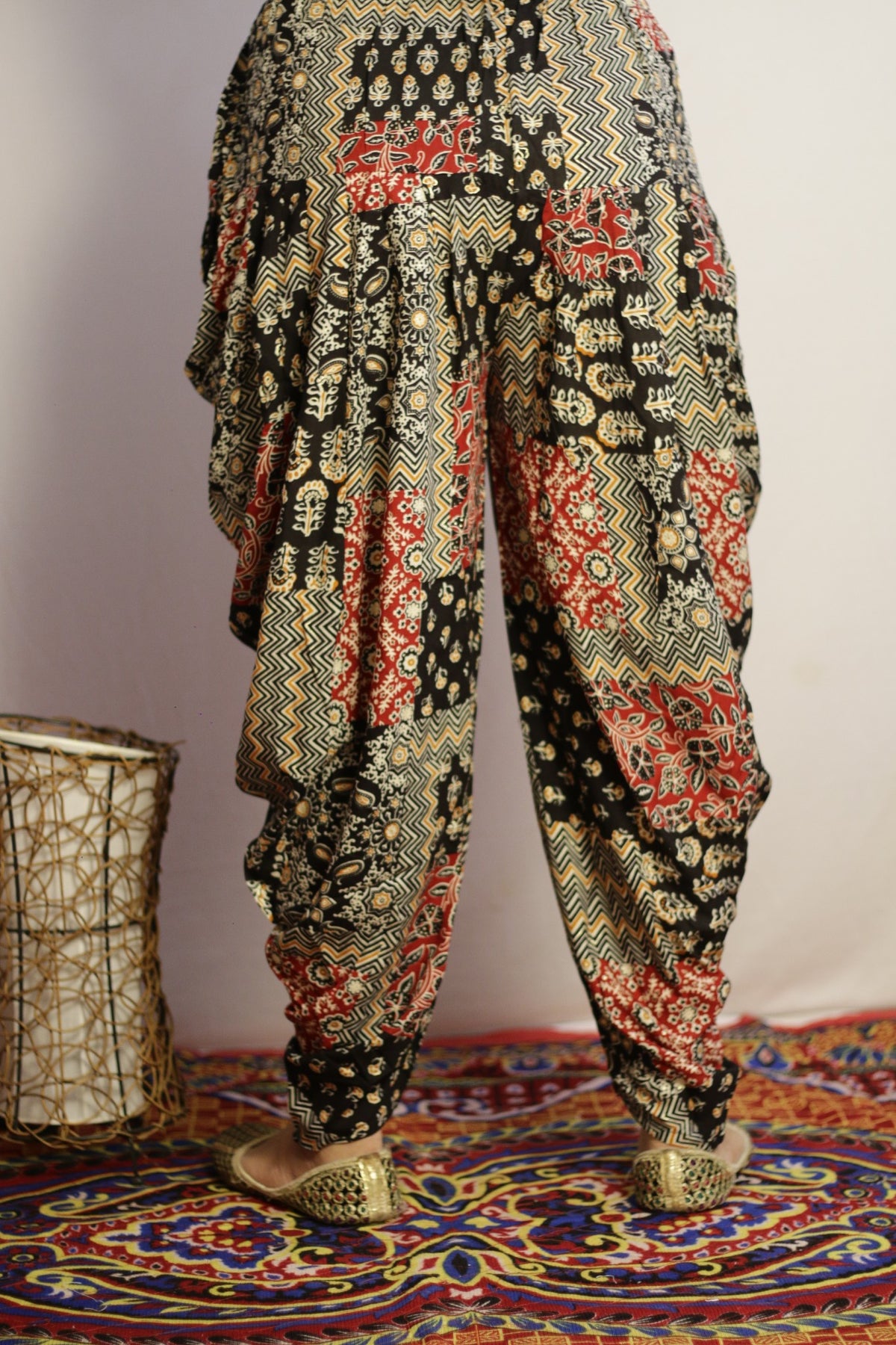 Back view of the black patchwork print dhoti with gathered waistband