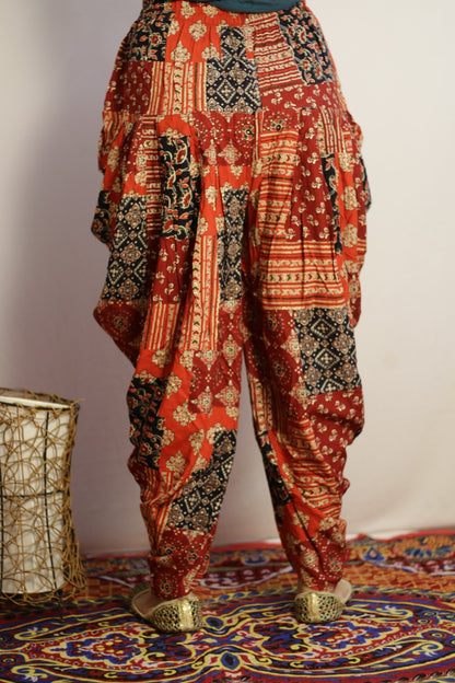 Back view of the red patchwork print dhoti with elasticated gathered waist