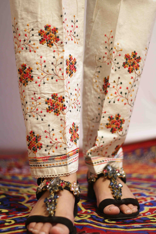 Beige Multi Embroidered Pant