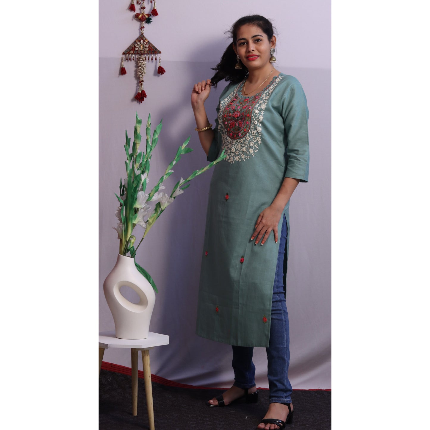 Sea Green Embroidered Kurti