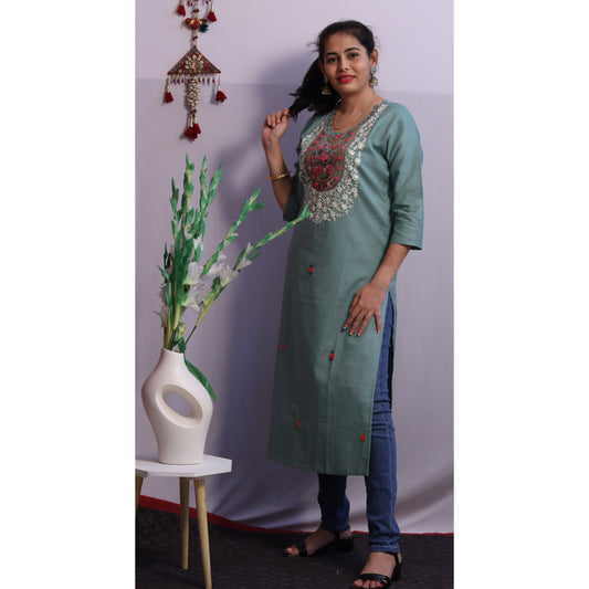 Sea Green Embroidered Kurti