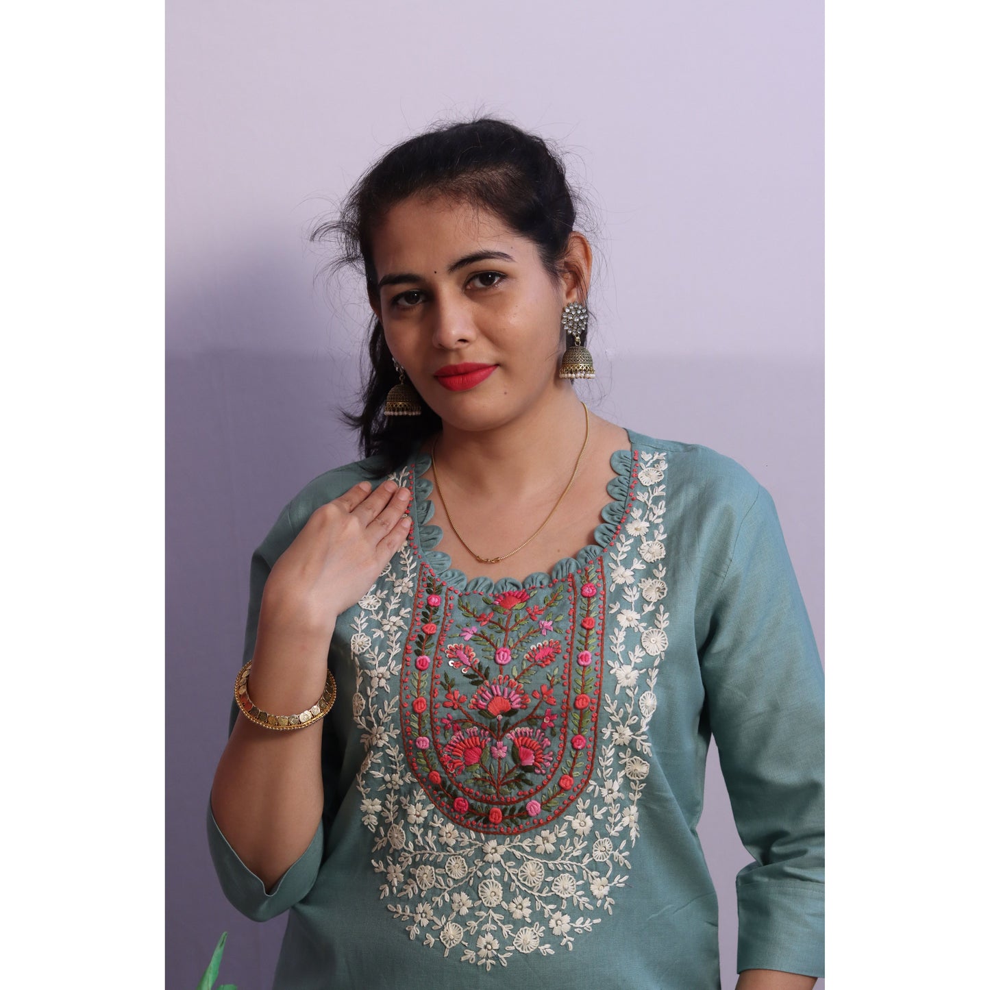 Sea Green Embroidered Kurti