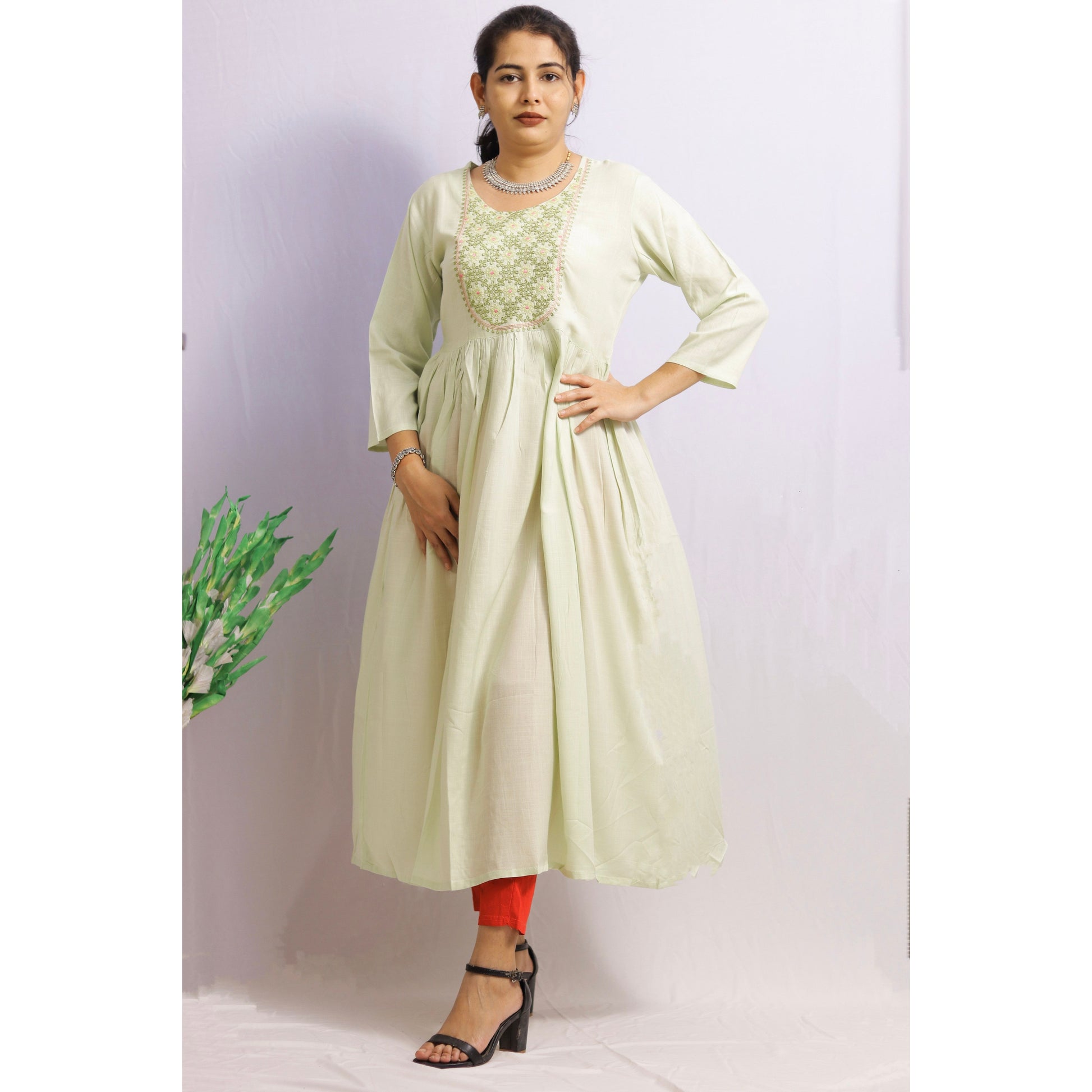 Pista Green Embroidered Kurti